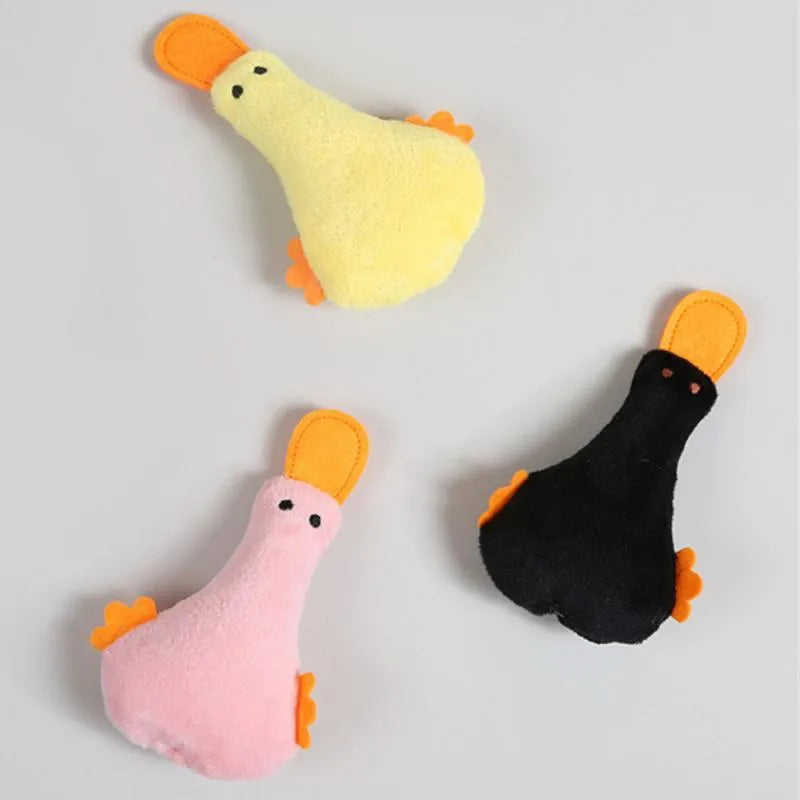 Colourful plush duck pet toy with catnip filling, squeaker, and rattle for cats and dogs