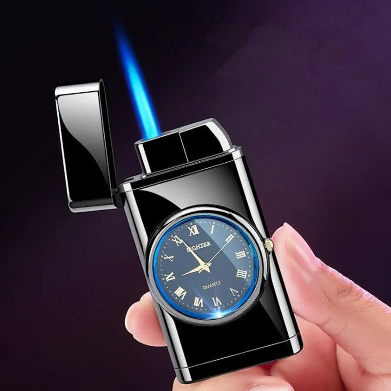 Multifunctional metal watch lighter with LED lamp in black brushed finish
