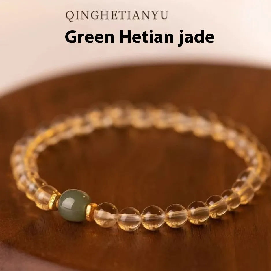 Handmade unisex bracelet with authentic Brazilian rutilated quartz and pearl elements, in green or white jade.
