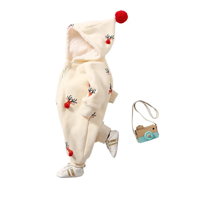 Khaki padded baby one-piece suit with Christmas moose print, shown on hanger.