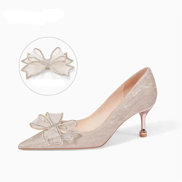 Women's champagne sequined stiletto heels with crystal decoration and pointed toe