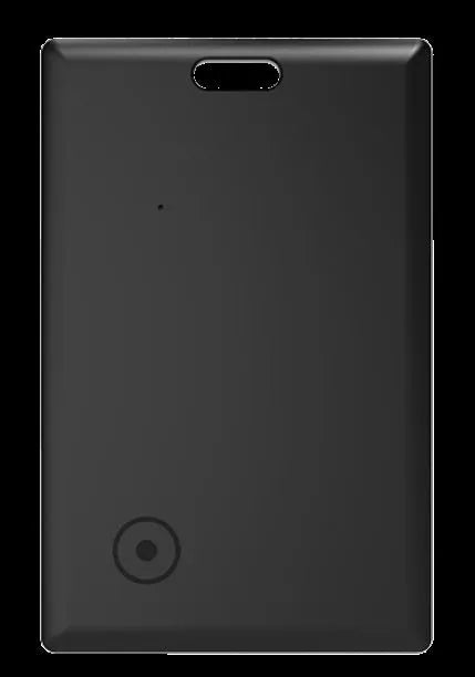 Black slim MFI Findmy Android tracking card with keychain loop, dimensions 84mm by 52mm.