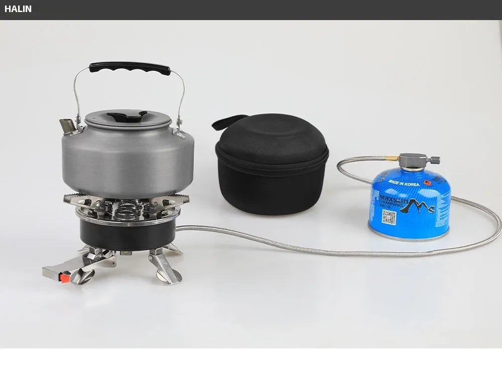 Silver foldable stainless steel and copper split camping stove with a long hose, shown closed for transport.