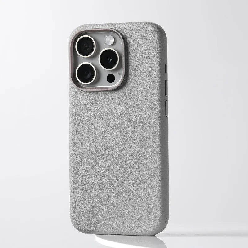 Black leather iPhone cover with MagSafe compatibility and alloy lens protection