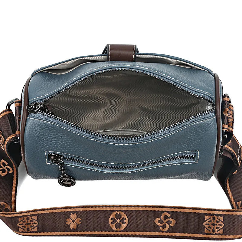 Retro women's leather crossbody bag in khaki, horizontal square shape with top grain leather and spliced detail