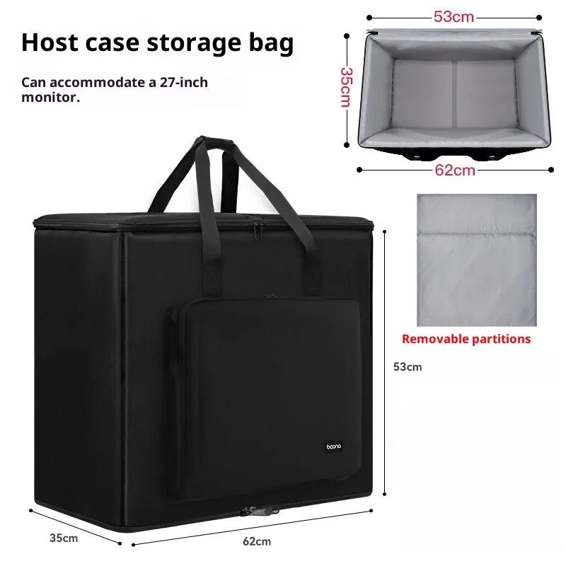 Black Oxford cloth desktop computer host storage bag with 30kg capacity for PC tower and 27-inch display