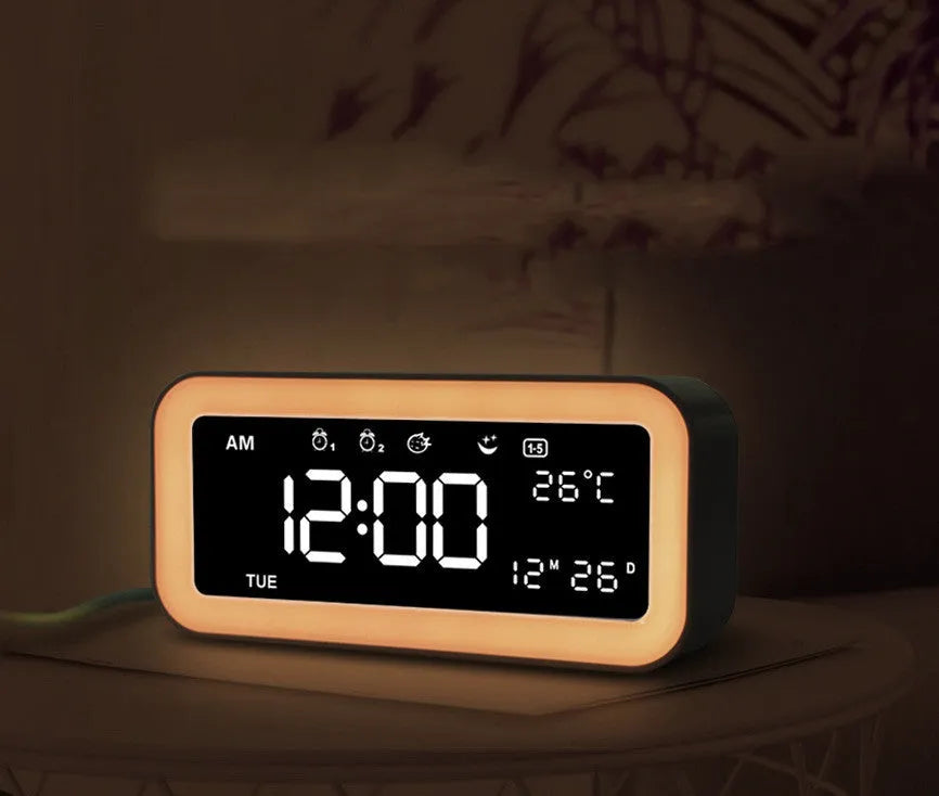 Rectangular blue LED atmosphere light alarm clock with digital display measuring 190x91x53mm