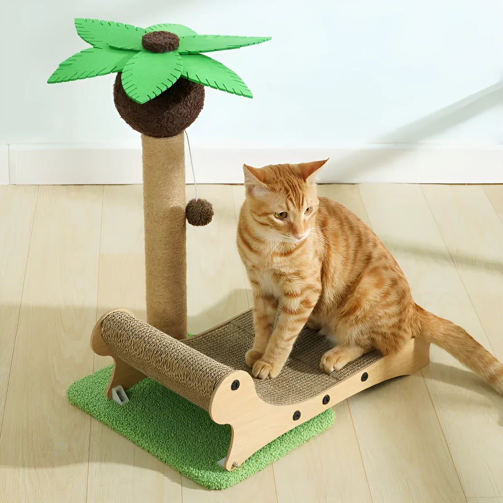 Wooden beach chair shaped cat climbing frame with a hemp mat scratch board and chamfered column.