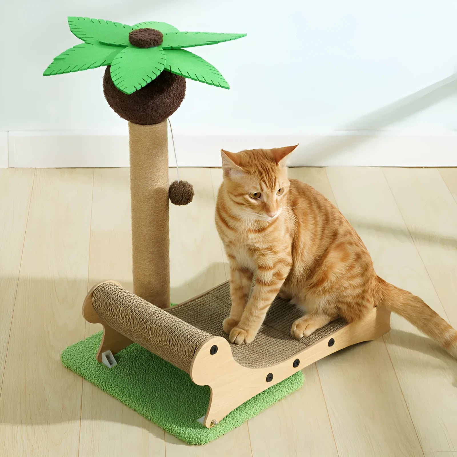 Wooden beach chair shaped cat climbing frame with a hemp mat scratch board and chamfered column.