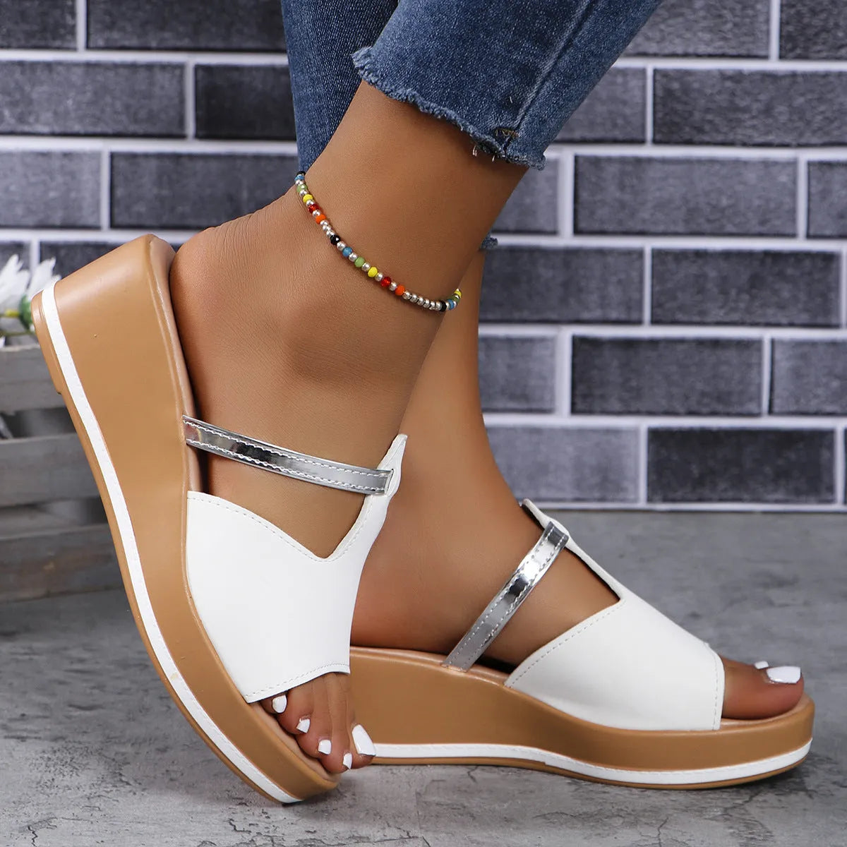 Summer peep-toe wedge sandals for women, thick sole, PU upper, black colour, side view