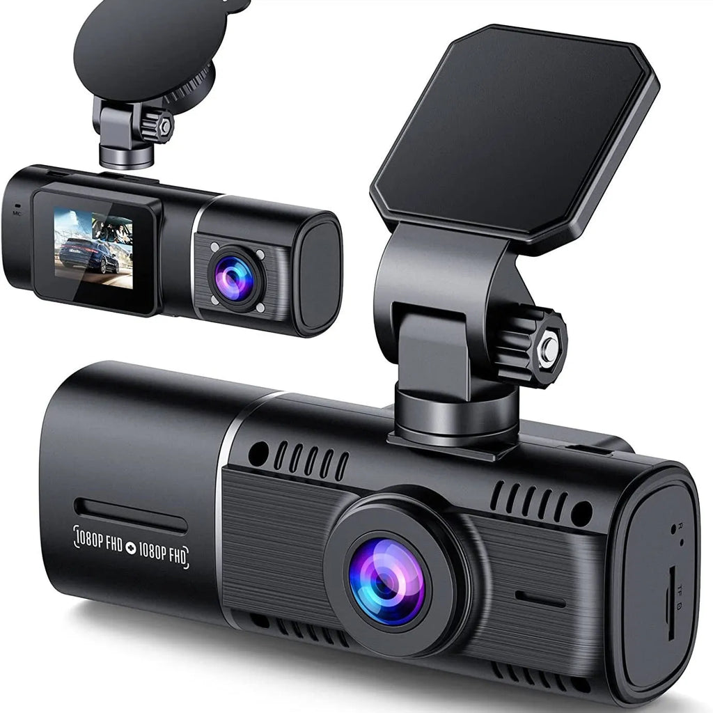 Standard black dash cam for car with 1.5-inch screen, showing front and rear recording capability.