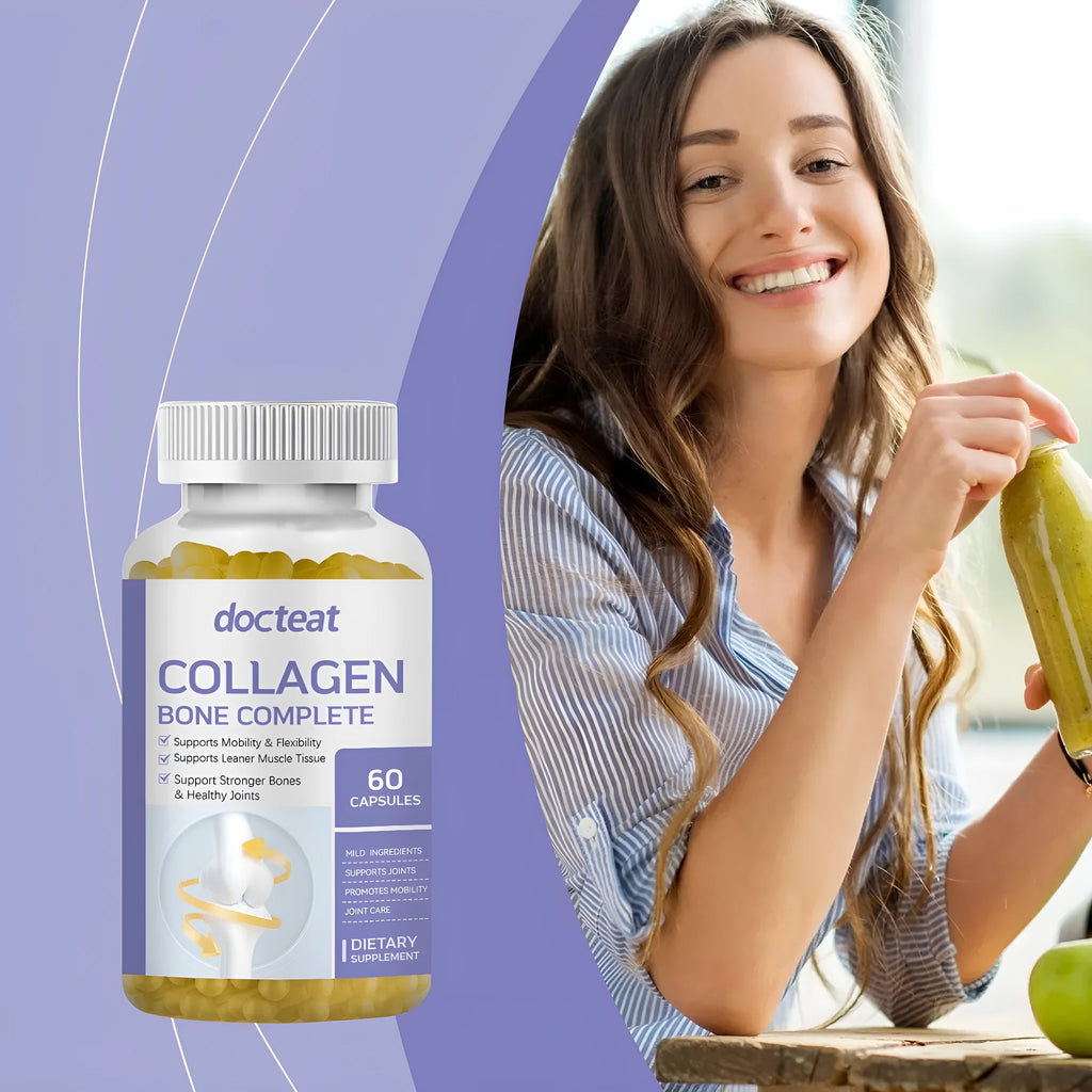 Container of 60 marine collagen and multivitamin capsules including vitamins C, D3, K2 and calcium.