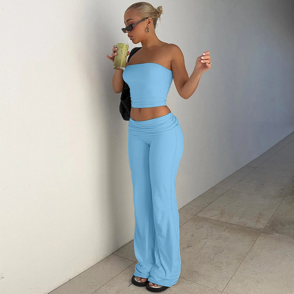 Women's tube top and flared pants suit in milk silk fabric, apricot colour, high elasticity, street fashion style