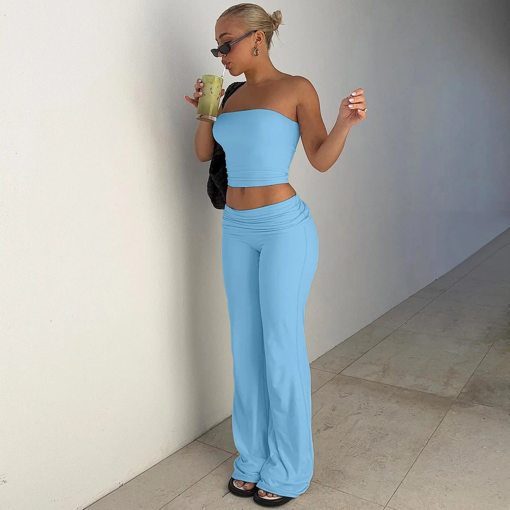 Women's tube top and flared pants suit in milk silk fabric, apricot colour, high elasticity, street fashion style