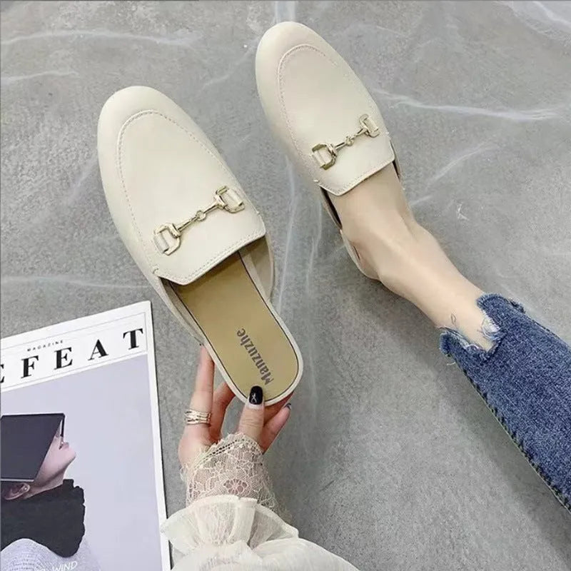 Women's PVC closed toe half slippers with buckle fastening in milky white, black or brown colours