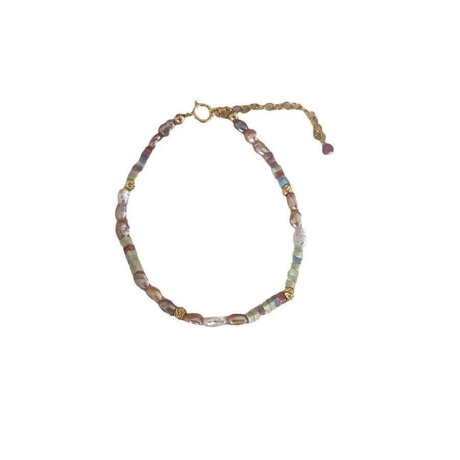 Purple gold U-shaped bracelet with natural silver pearls and matching necklace