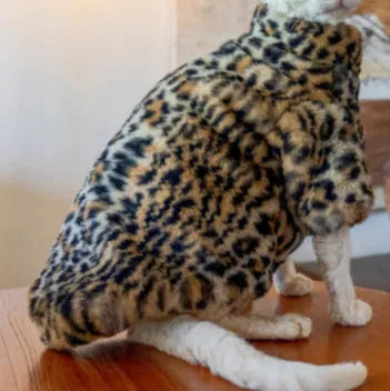Fluffy leopard print short plush cat coat for hairless cats, sizes M to XL, warm pet apparel.