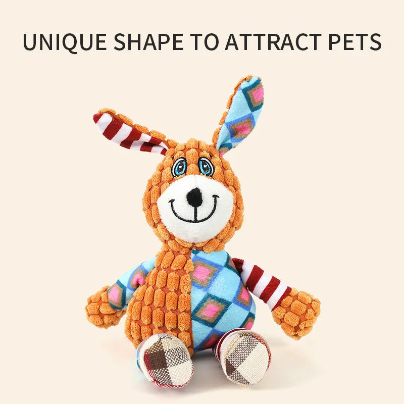 Interactive dog toy with squeaky and crinkly sounds, plush construction, available in Elephant Fox Rabbit styles