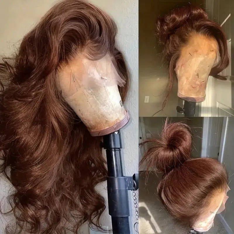 Women's long curly dark brown front lace wig with side bangs on a mannequin head.