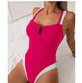 Women's deep V-neck European-style bikini swimsuit in black or rose red.