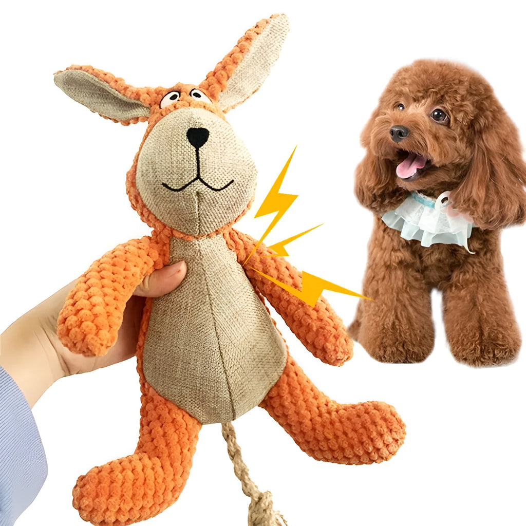 Plush squeaky dog toys in donkey, elephant, orangutan, and rabbit shapes for teeth cleaning and play