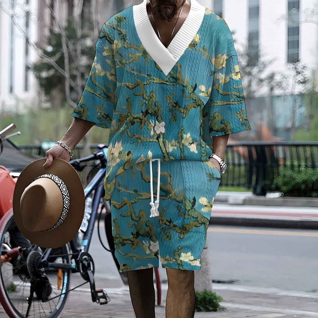 Men's peacock blue 3D printed knitted shorts suit set with matching top and casual trousers