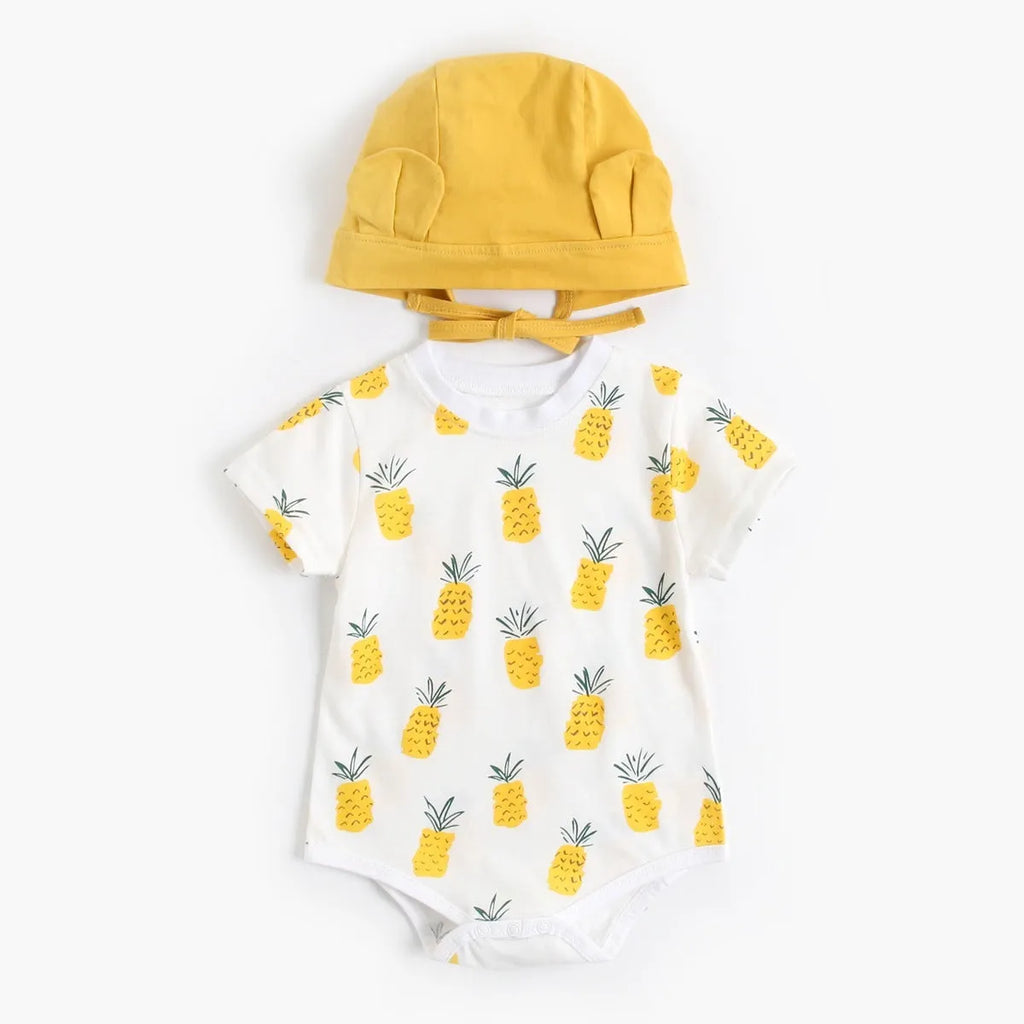 Unisex baby pure cotton short sleeve triangle jumpsuit with matching hat, Banana and Pineapple prints, Korean style