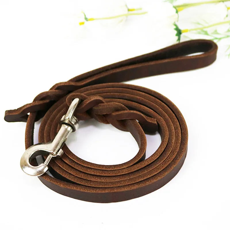 Cowhide leather dog walking rope in light brown or black, showing thickened 1.2cm width and length options for large breeds