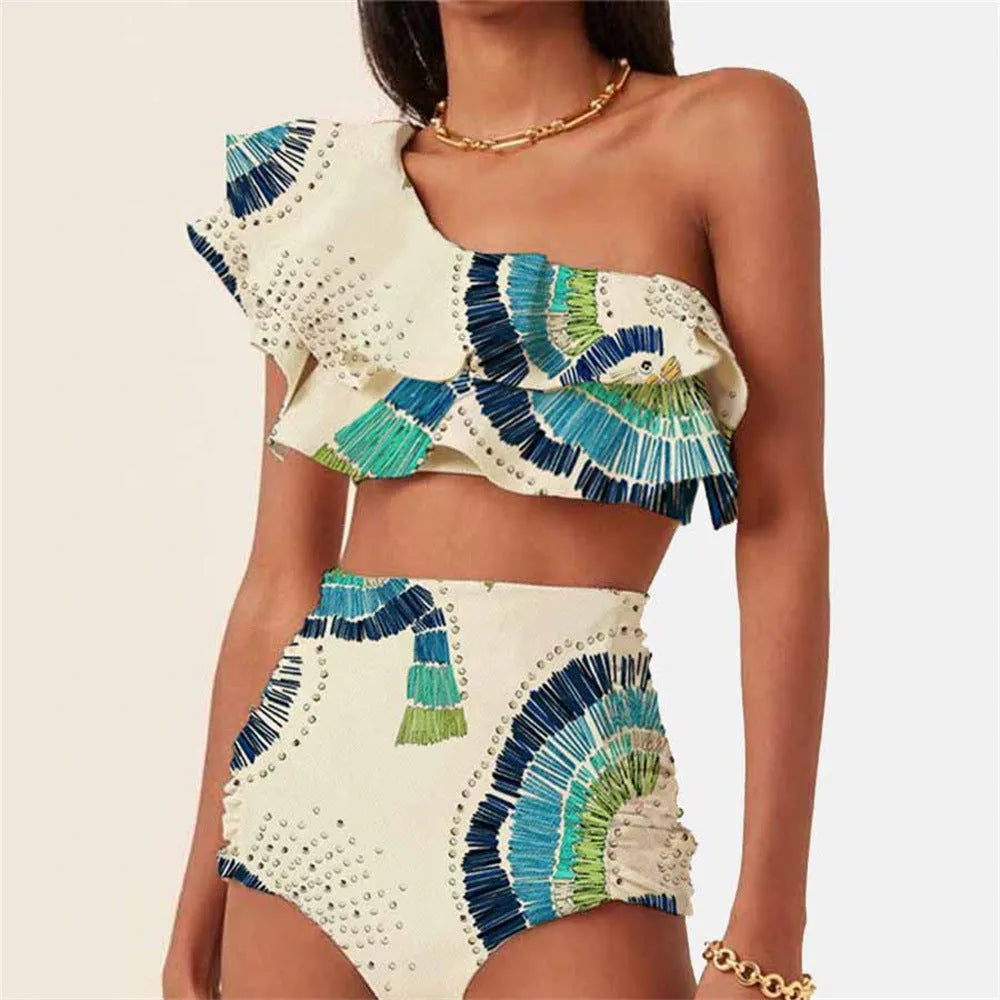 White one-shoulder women's swimsuit with large lotus leaf detail and high-leg split.