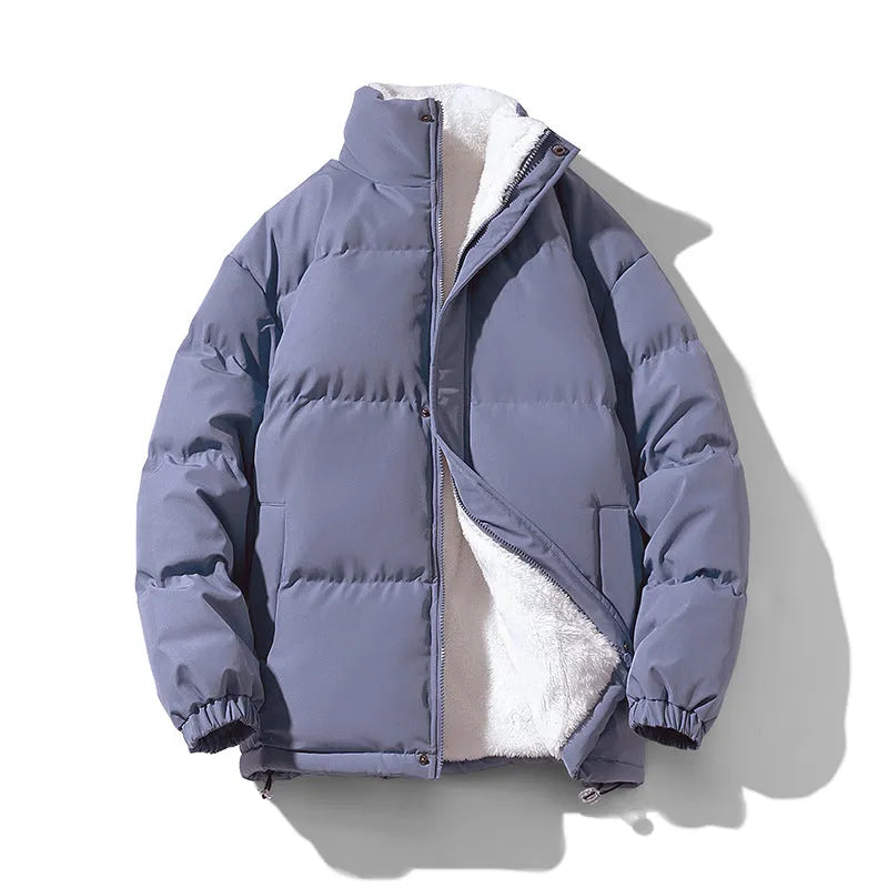 Unisex warm loose stand-collar coat in black, white, gray, blue, or pink, sizes S to 3XL