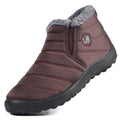 Women's waterproof winter snow boots with cotton lining, sheep shearling insole, low heel, in black, coffee, dark blue, gray, purple
