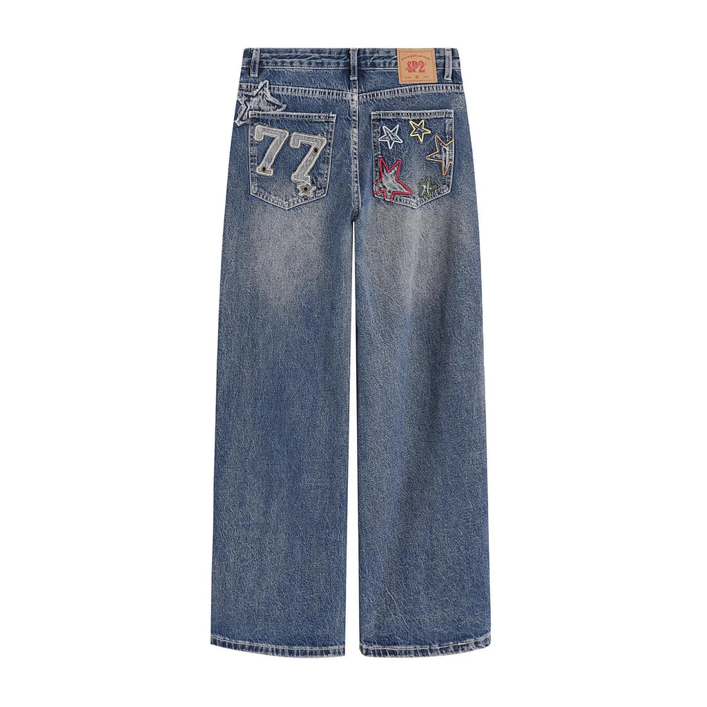 Designer embroidered high-waisted retro loose slimming trousers in blue cotton blend for teenagers