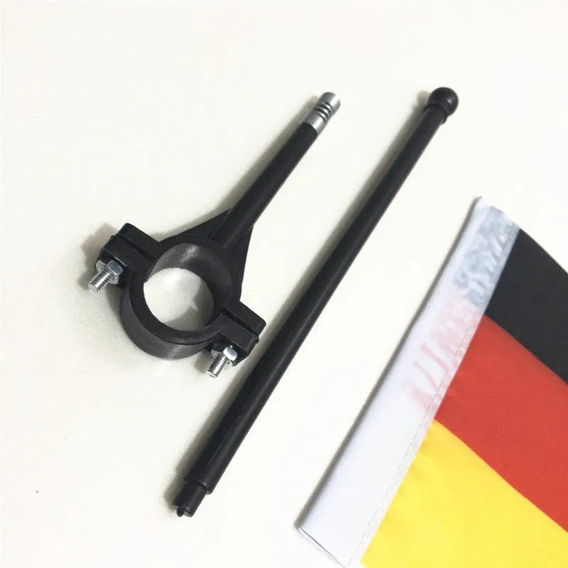 Square polyester car flag on a plastic handlebar flagpole for promotional use.