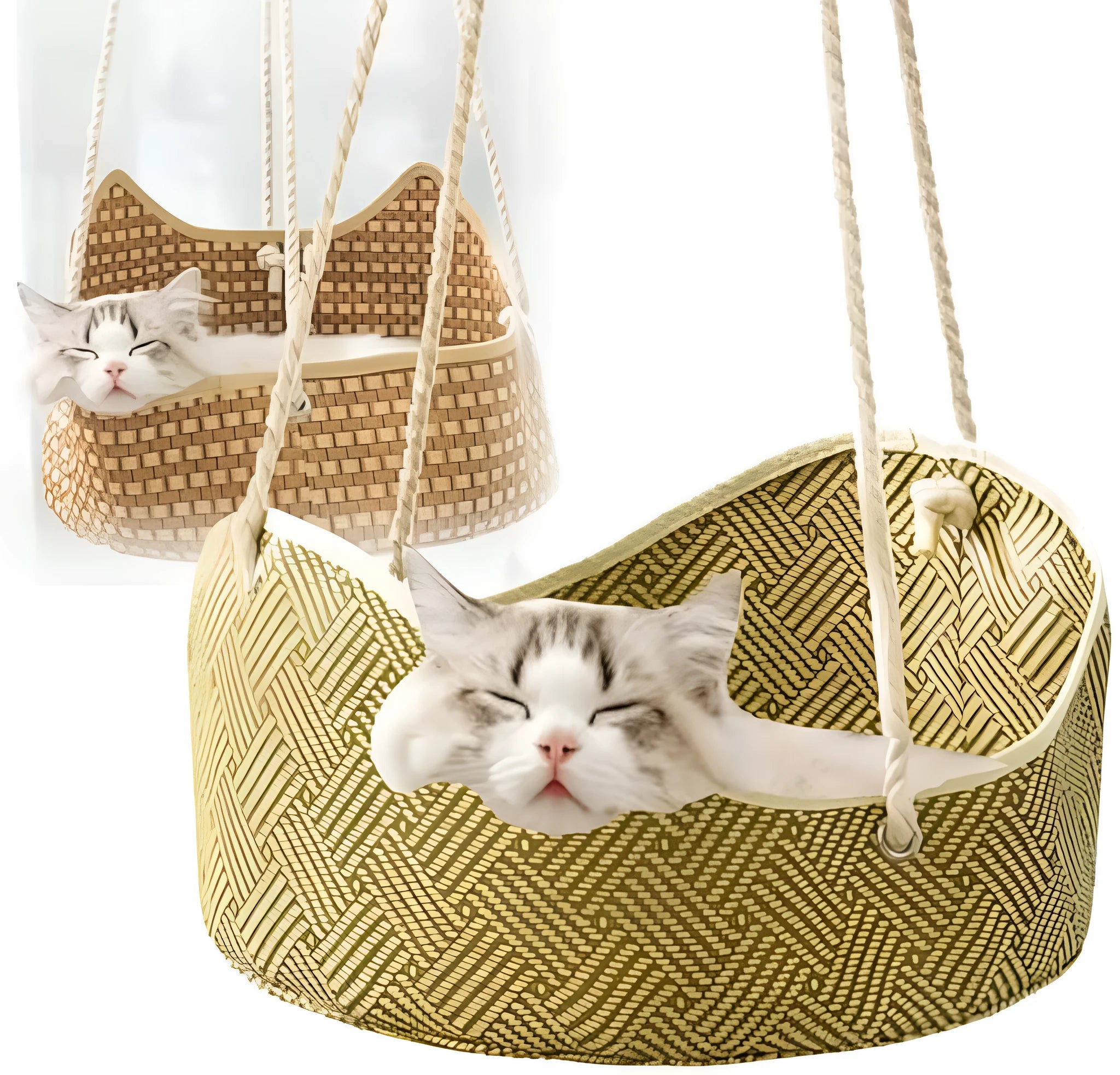 Green woven rattan cat hammock with metal hooks, hanging on a white shelf with a cat resting.