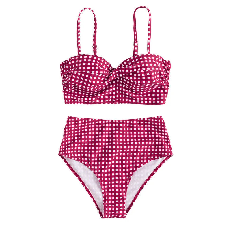 Women's plaid high-waist bikini swimsuit in rose red, black, blue, or sky blue with polyester lining