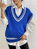 Women's loose-fit college style vest sweater in blue, coffee, and black colour options.