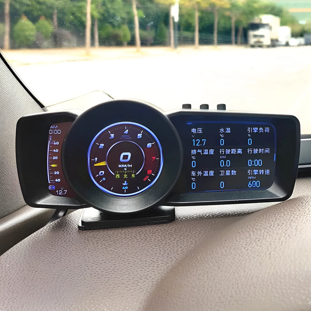 OBDII vehicle monitor driving computer with screen showing diagnostics and GPS map, includes cable and tools.