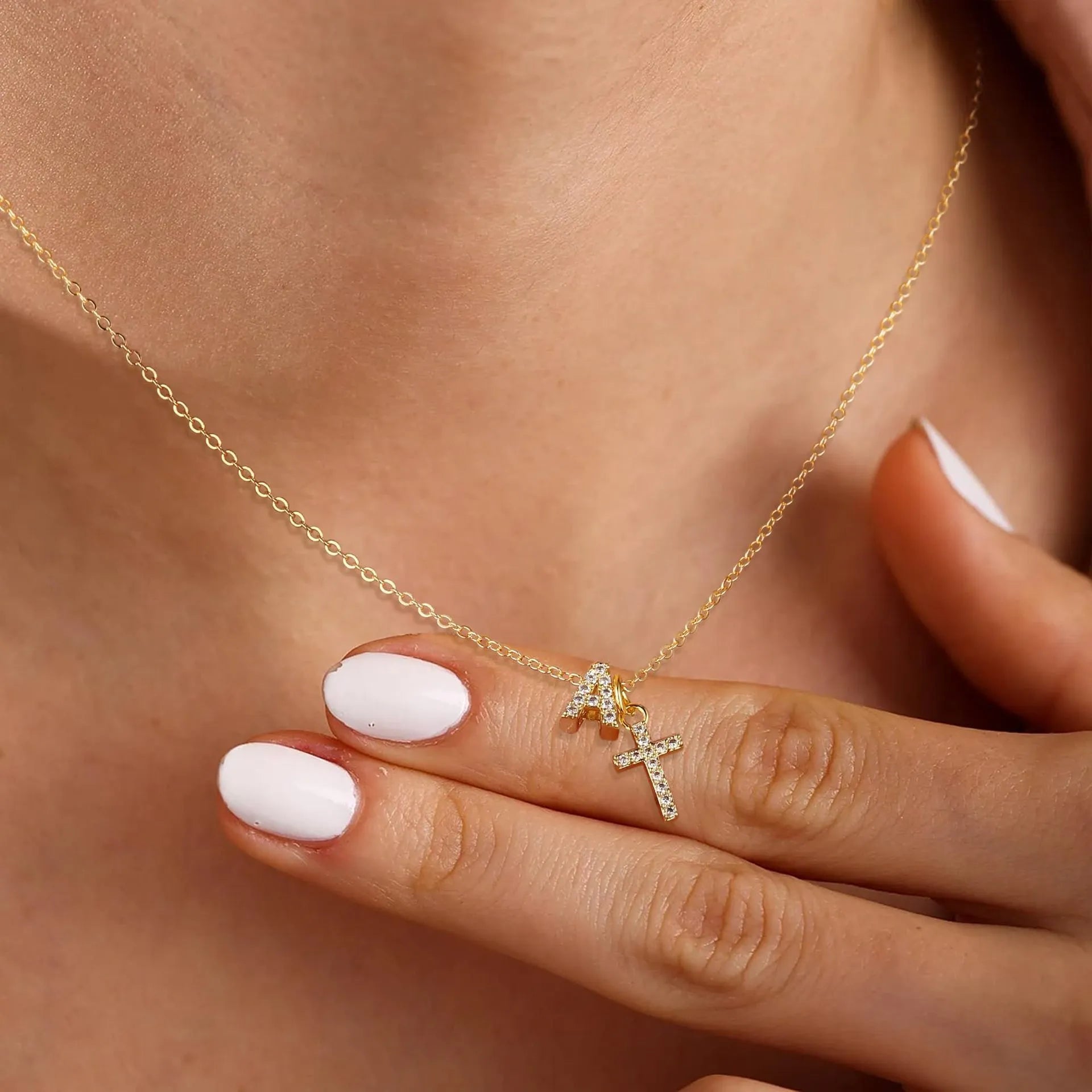 Copper letter pendant necklace with zircon inlay in A style electroplated finish on regular chain