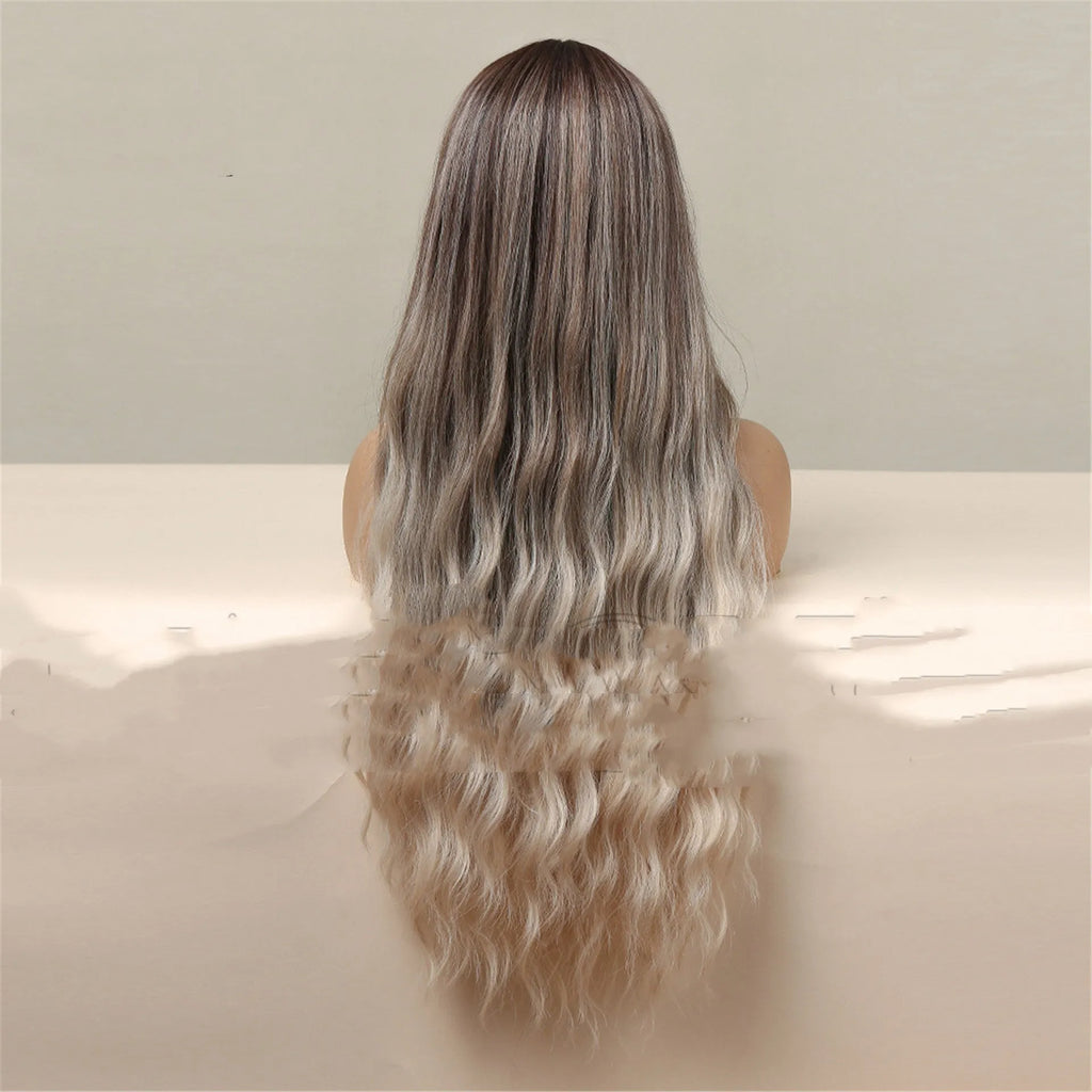 Medium brown gradient blonde women's long curly hair wig 75cm length with medium bangs