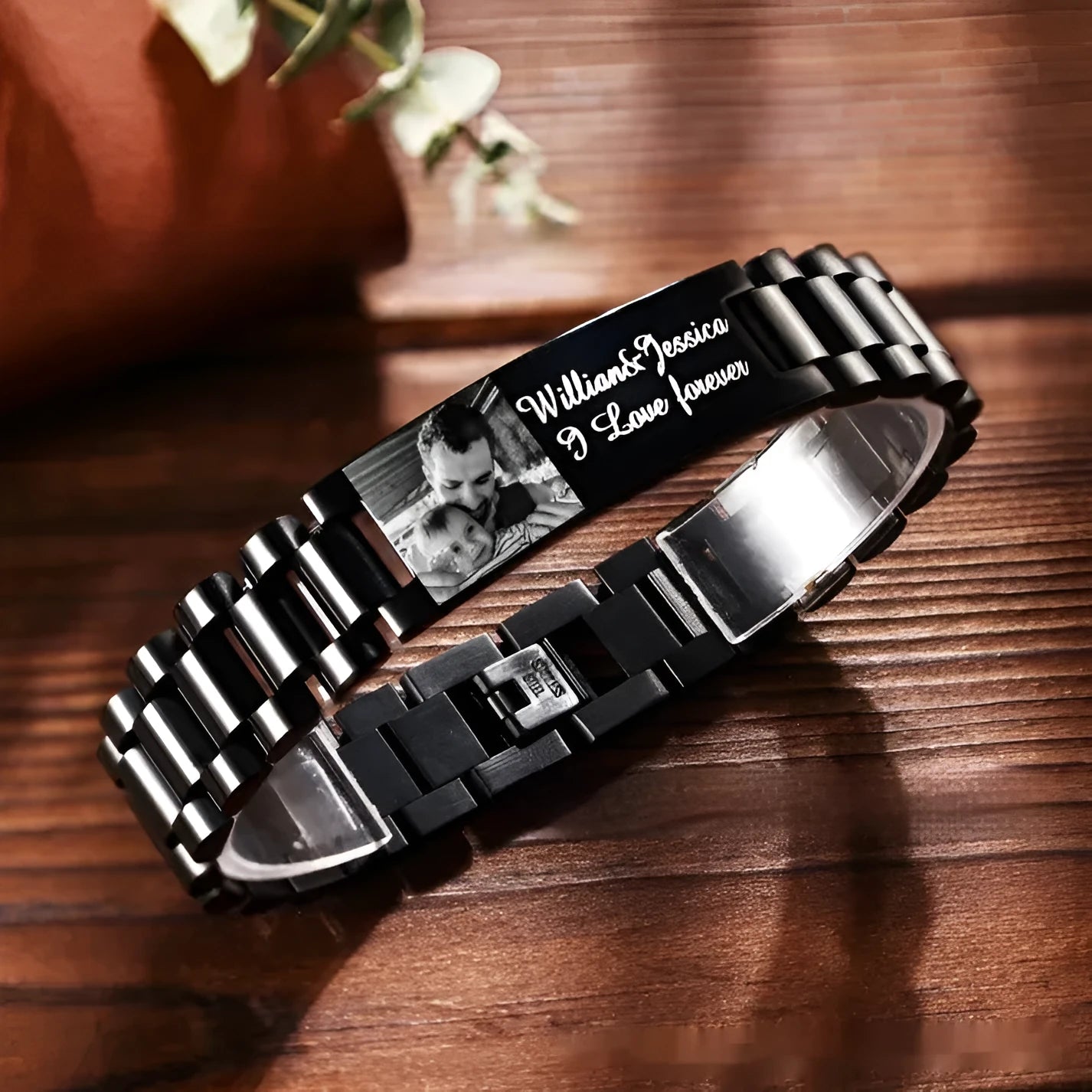 Men's titanium steel lettering bracelet with curved heart shape in black or grey lettering options