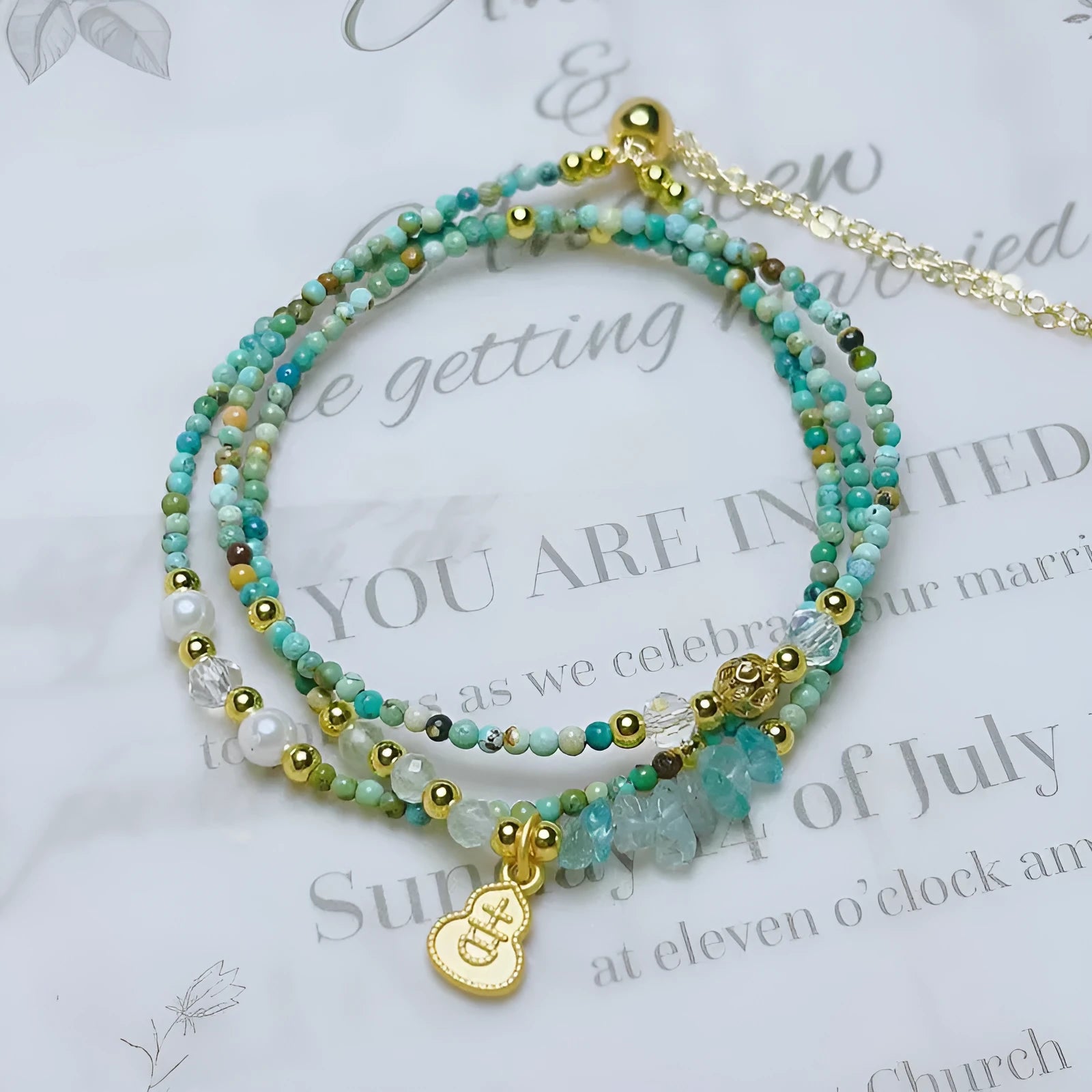 F90 turquoise round beads bracelet with three-ring pull-out adjustable mechanism in Korean style