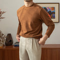 Men's long sleeve round neck t-shirt in cotton blend, shown in white, grey, camel, coffee, black, green and purple, sizes M to 3XL.