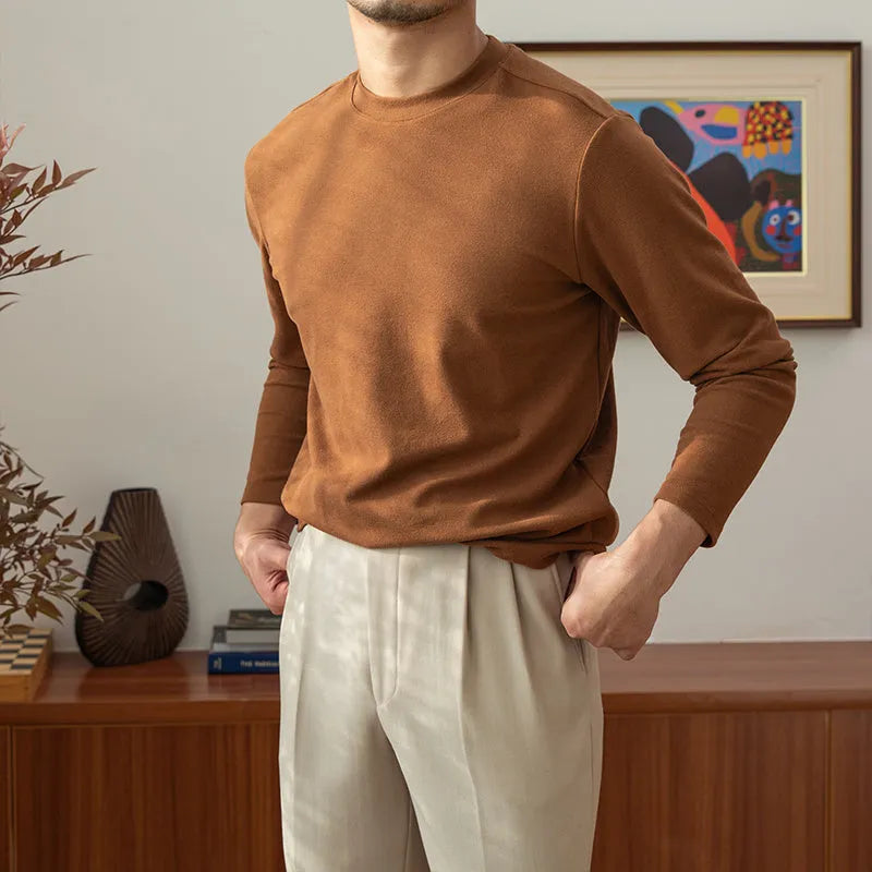 Men's long sleeve round neck t-shirt in cotton blend, shown in white, grey, camel, coffee, black, green and purple, sizes M to 3XL.