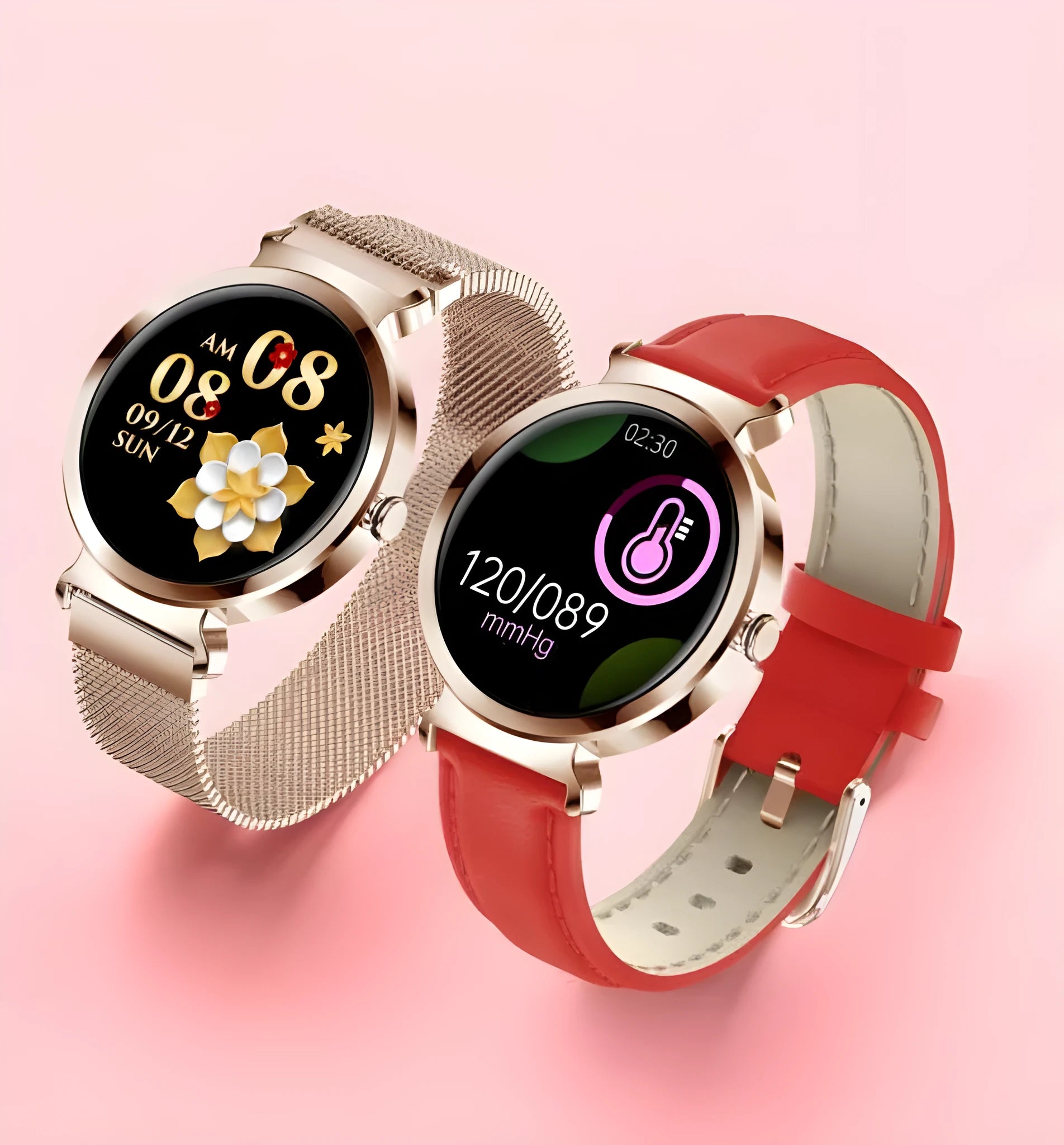 Zinc alloy smart bracelet with 1.28-inch screen on wrist, showing gold colour option.