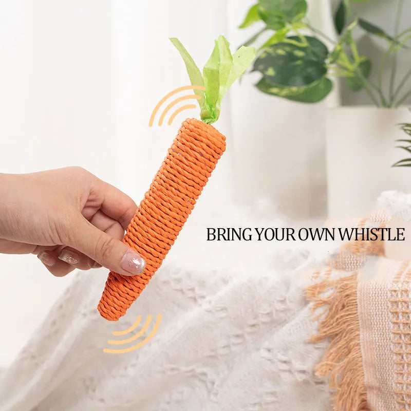 Set of assorted cat toys including fabric carrots, plastic ringing stones, paper crinkles, and wooden grinding sticks