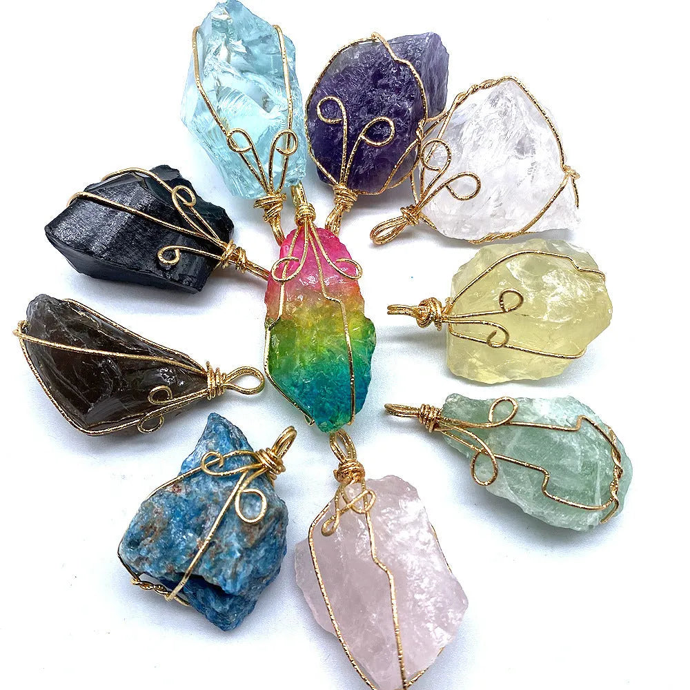 Hand-wound twisted crystal rough stone necklace with geometric natural stone pendant and snake bone chain, 35mm stone, unisex