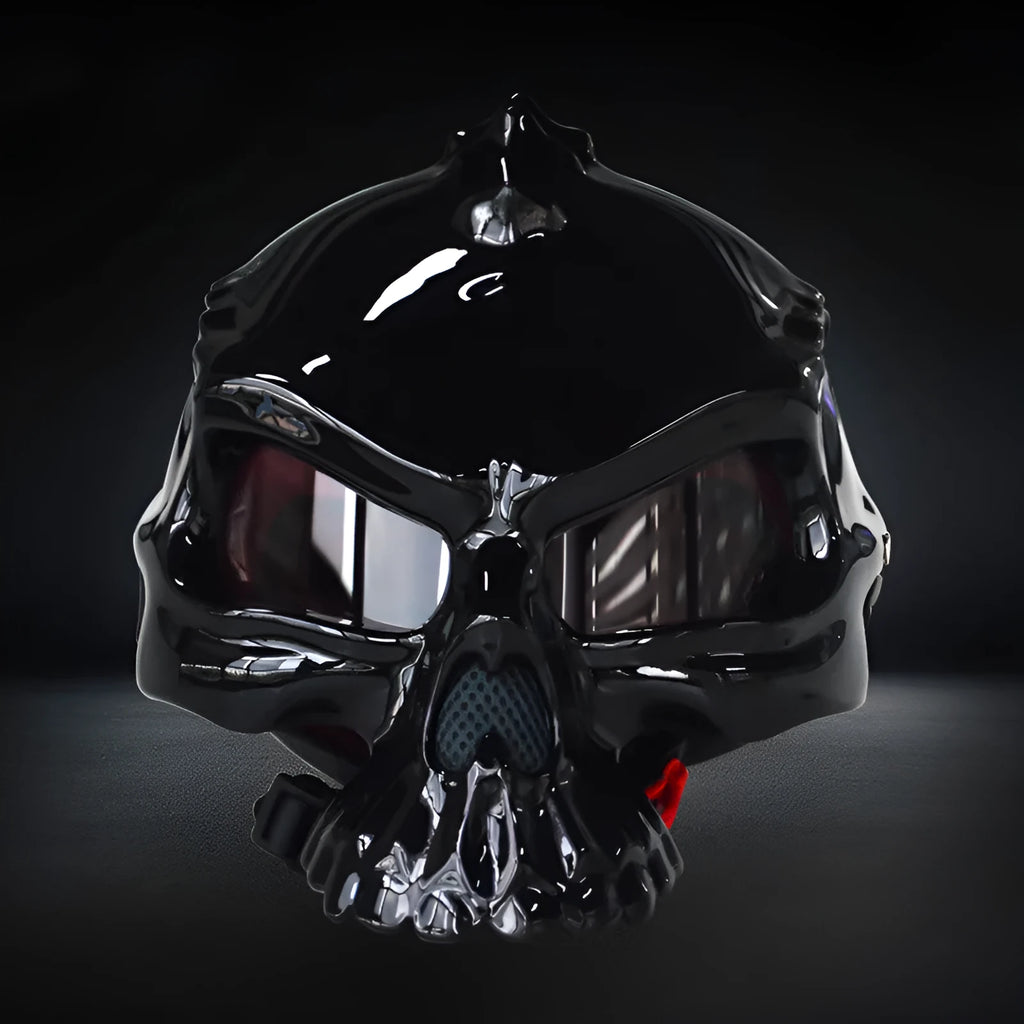 Double-sided motorcycle helmet with skull art design in black, gray, or red