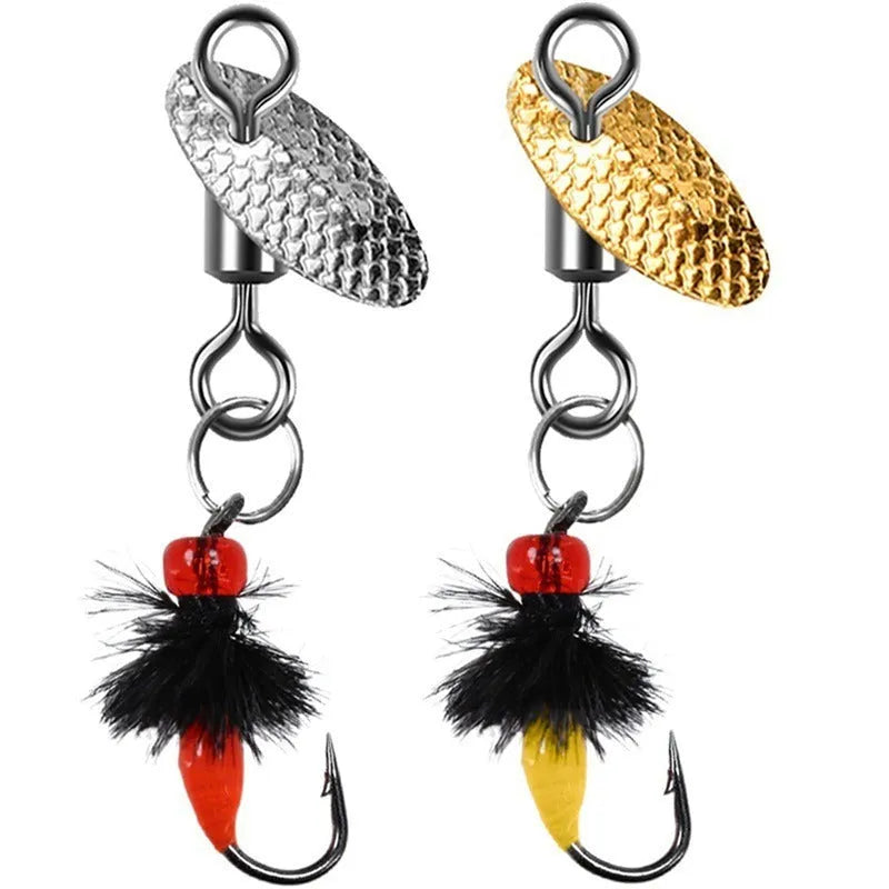 Five bionic mosquito fishing hooks with spinning sequins in multicolour patterns