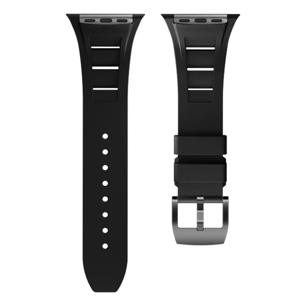 Apple Watch liquid silicone strap replacement with silver buckle in black colour for 42mm 44mm 45mm 49mm