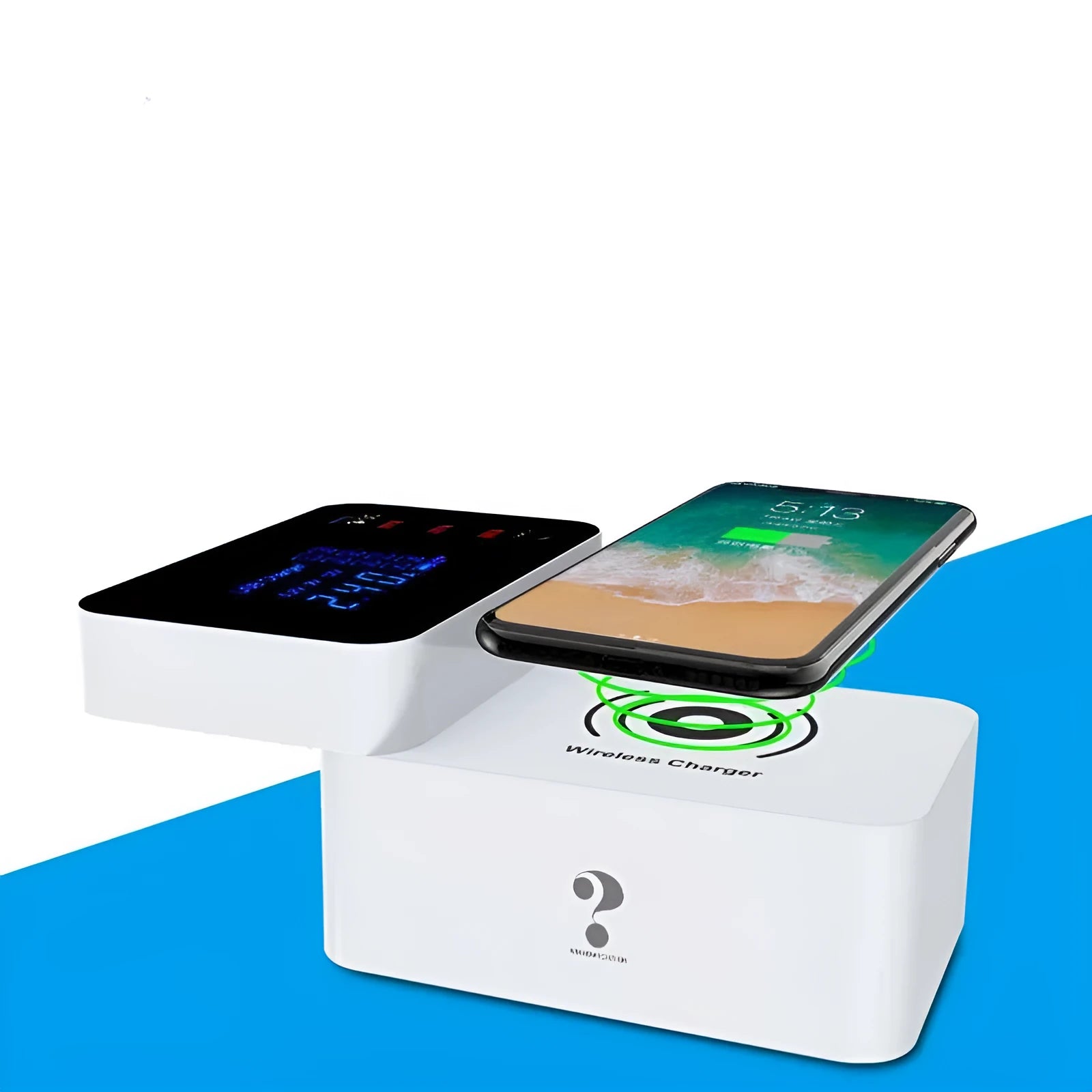 White multi USB port and 10W wireless fast charger with long cable and EU, UK, US plug adapters.